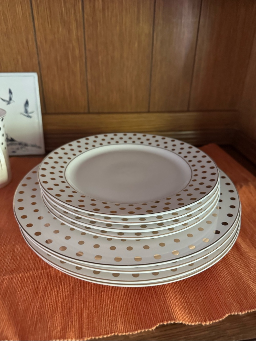 White Dinner Plate Set with Gold Polka Dot Accent